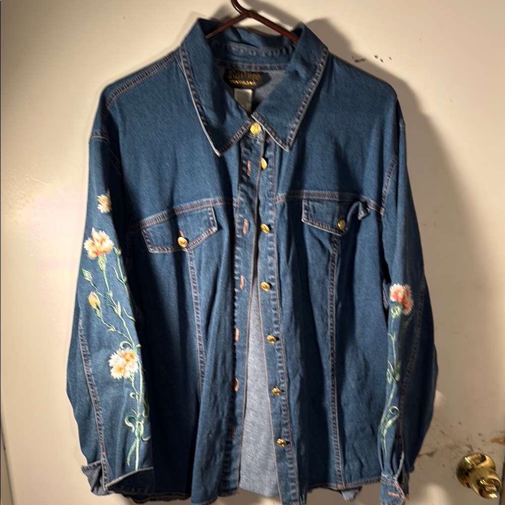 Bob Mackie Blue Denim Jacket with Floral Embroidery